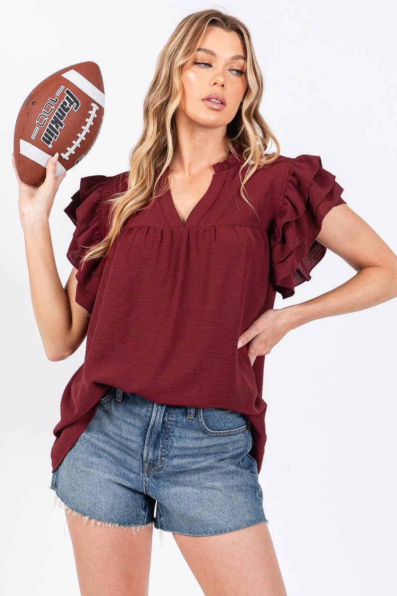 Maroon Airflow Ruffle Sleeve Top