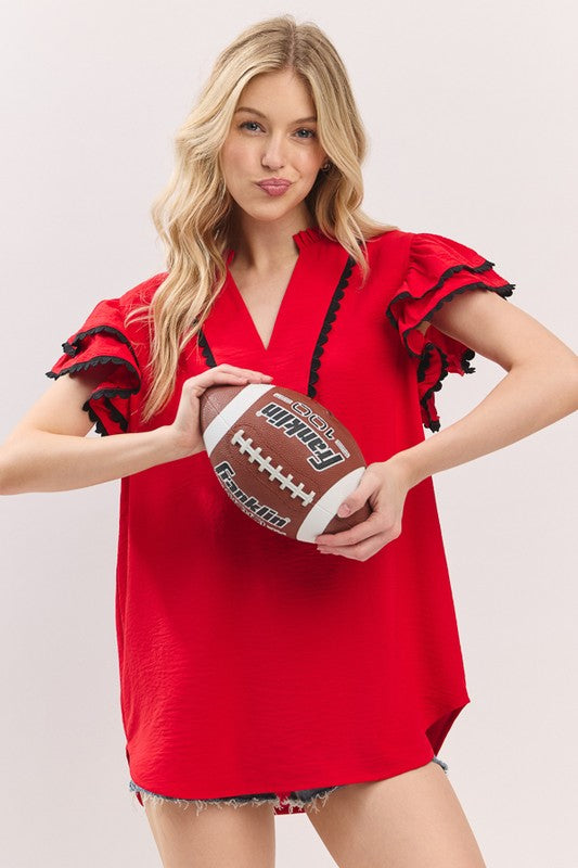 Red & Black Ruffle Sleeve Trim Top