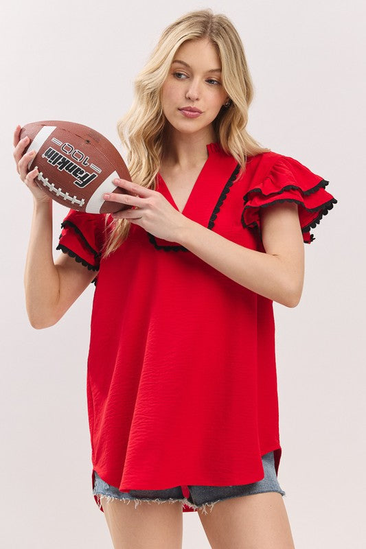 Red & Black Ruffle Sleeve Trim Top
