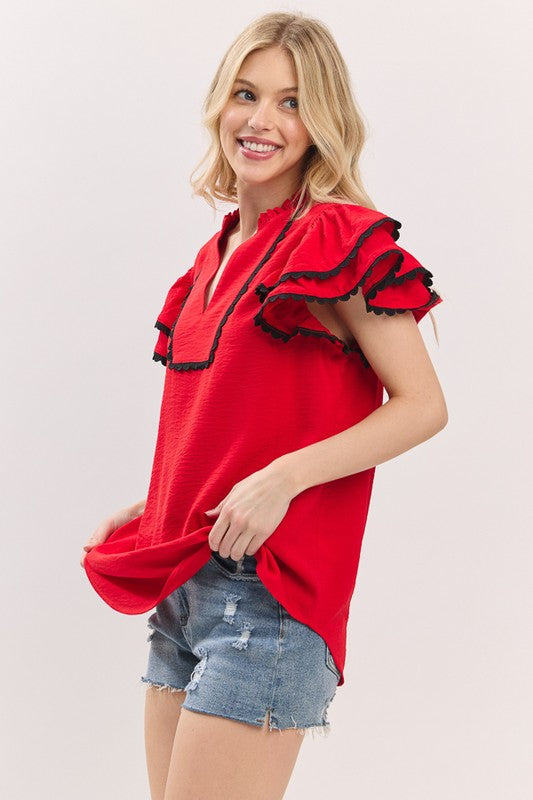 Red & Black Ruffle Sleeve Trim Top