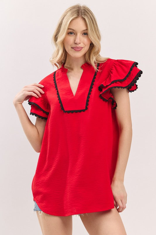 Red & Black Ruffle Sleeve Trim Top