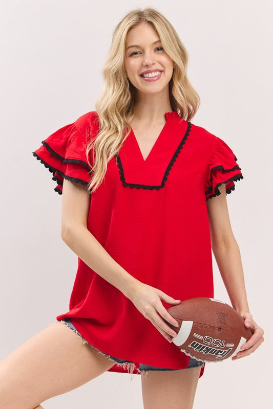 Red & Black Ruffle Sleeve Trim Top