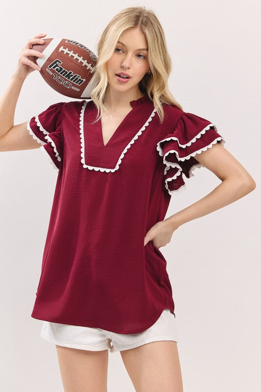 Maroon & White Ruffle Sleeve Trim Top