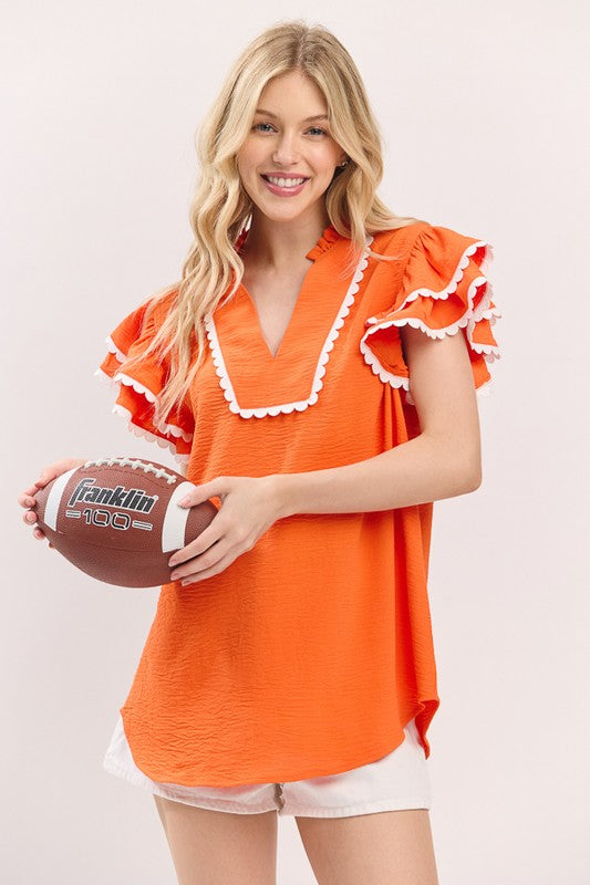 Orange & White Ruffle Sleeve Trim Top