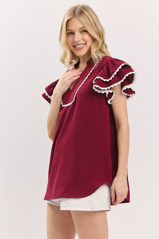 Maroon & White Ruffle Sleeve Trim Top