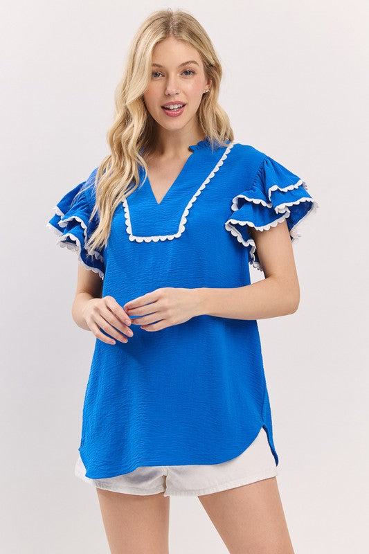 Royal & White Ruffle Sleeve Trim Top