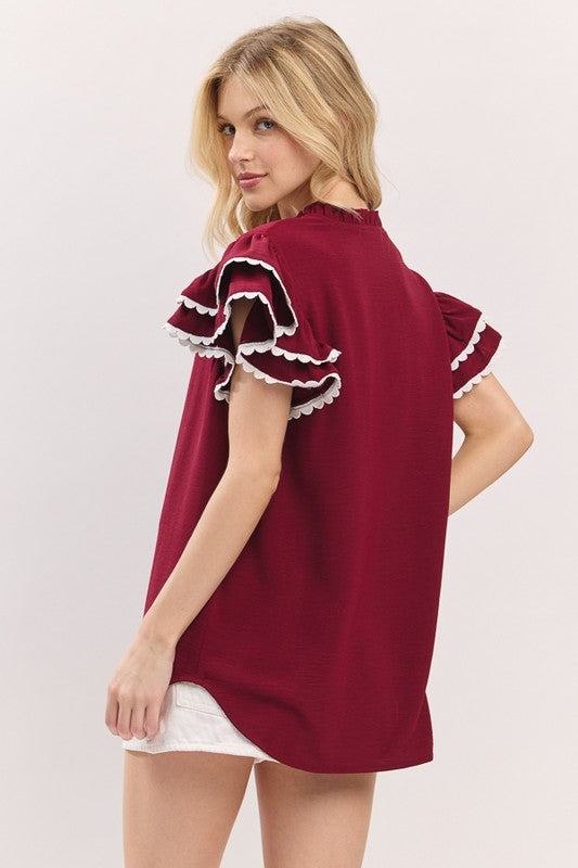 Maroon & White Ruffle Sleeve Trim Top