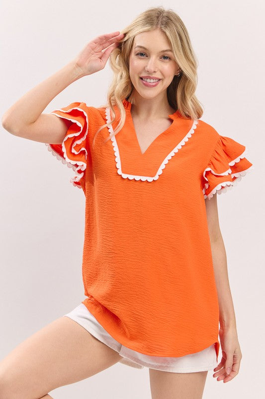 Orange & White Ruffle Sleeve Trim Top