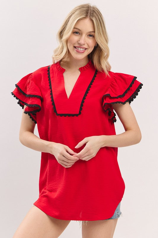 Red & Black Ruffle Sleeve Trim Top