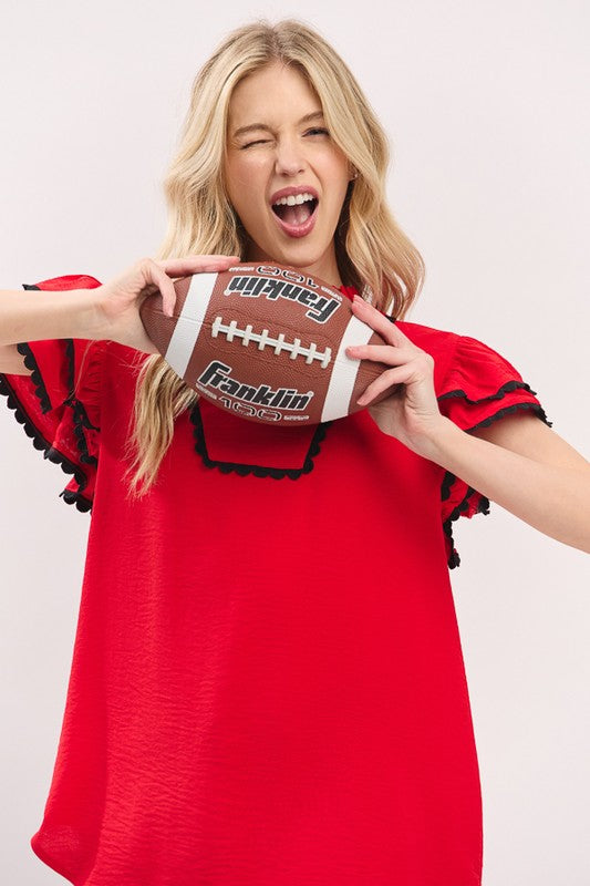 Red & Black Ruffle Sleeve Trim Top