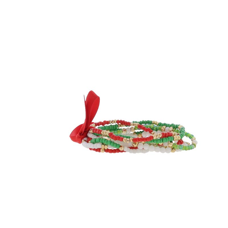Red, White, Green, Gold Multi Beaded Stretch Bracelet