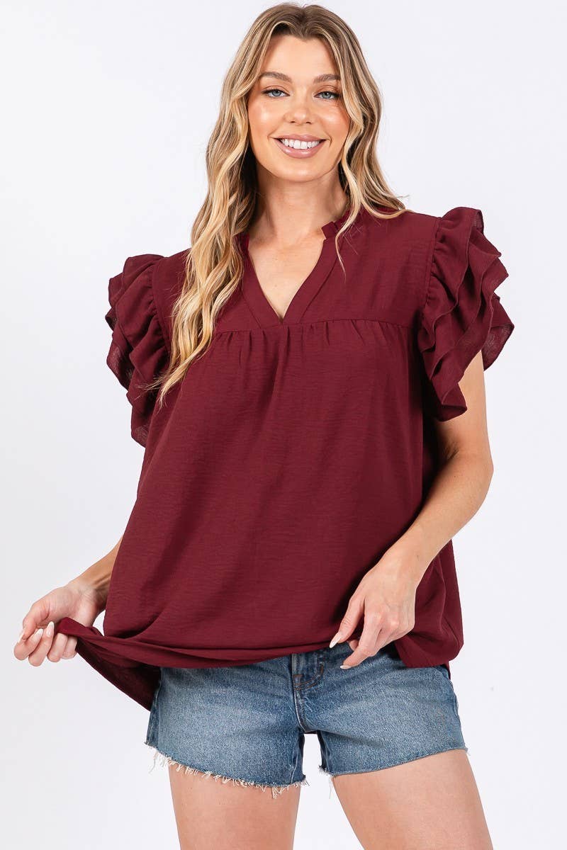 Maroon Airflow Ruffle Sleeve Top