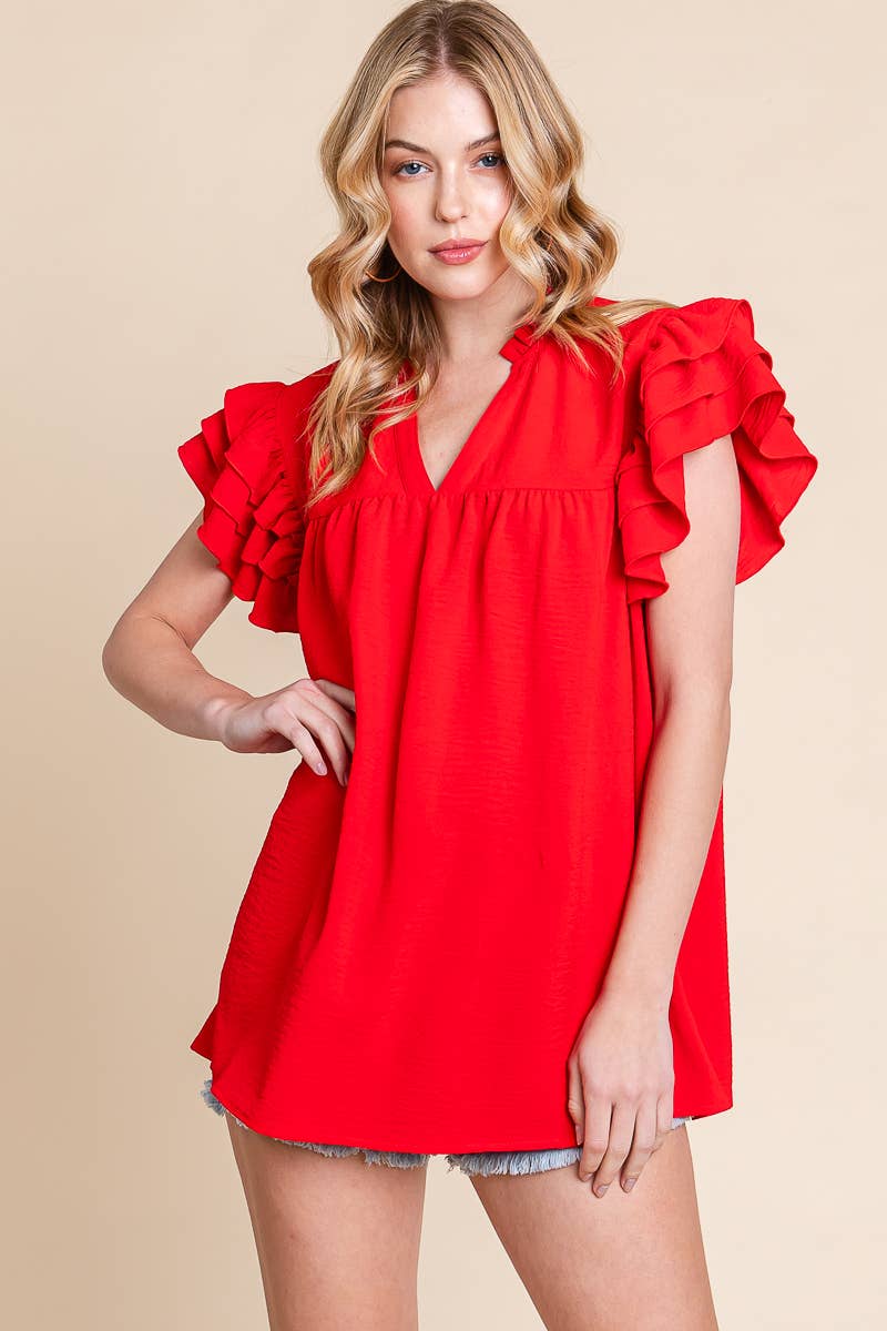 Red Airflow Ruffle Sleeve Top
