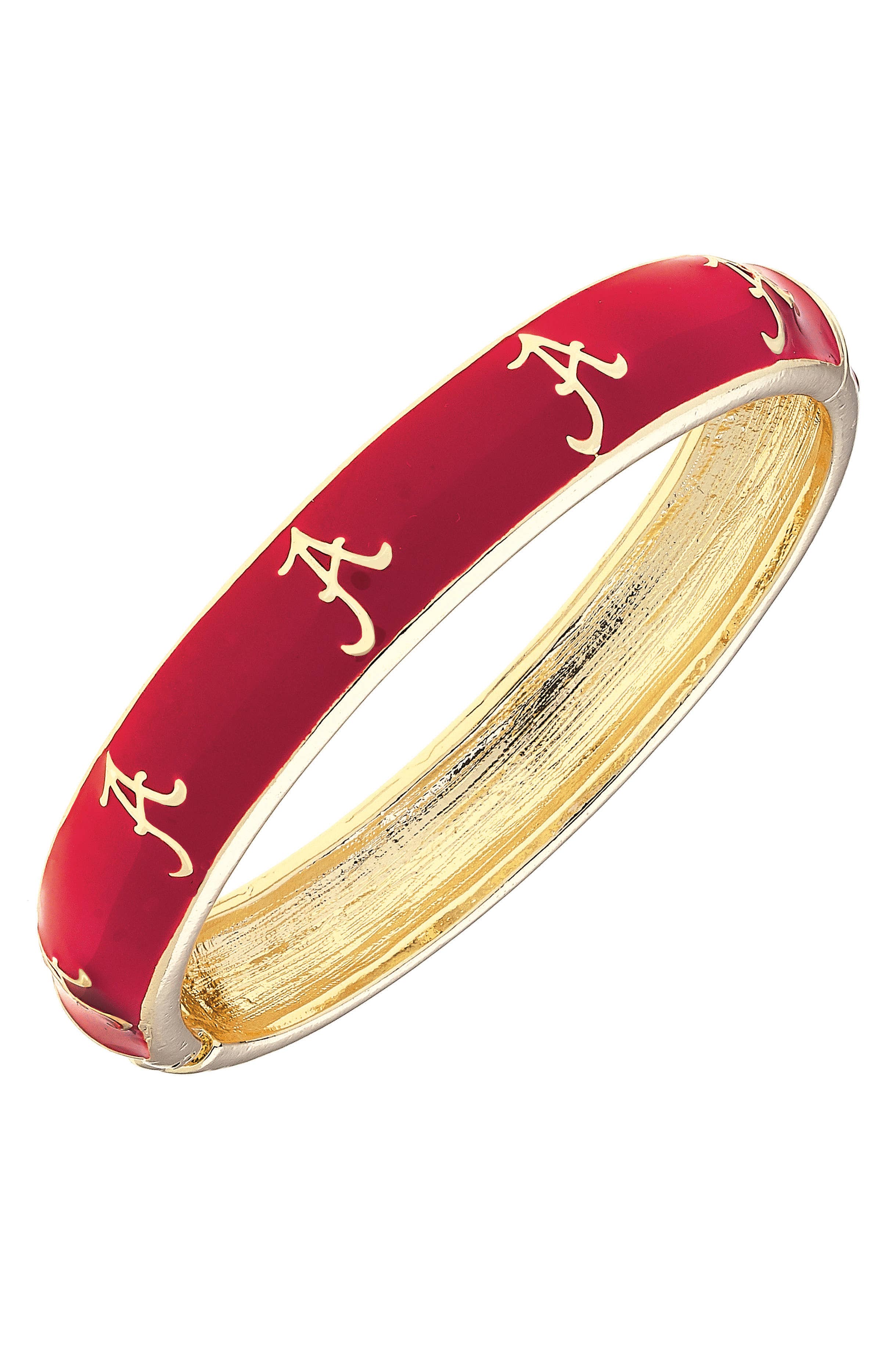 Red and gold bracelet with 'A' lettering on a white background
