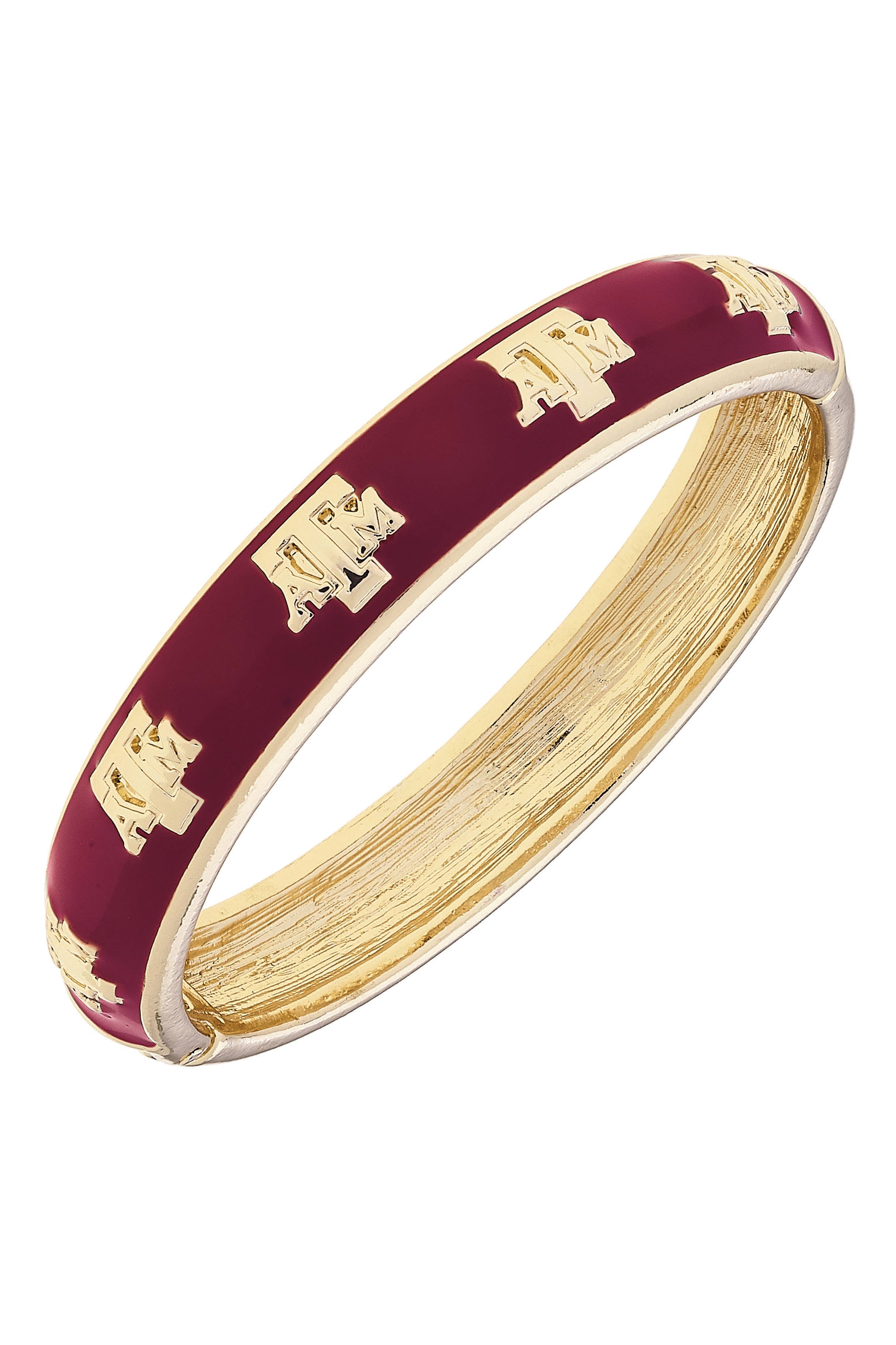 Gold bracelet and maroon Aggies featuring gold A&M Logo designs on a white background