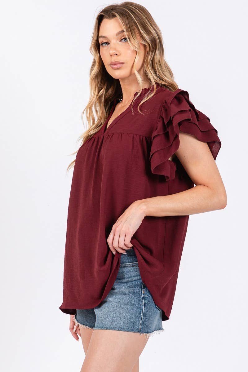 Maroon Airflow Ruffle Sleeve Top