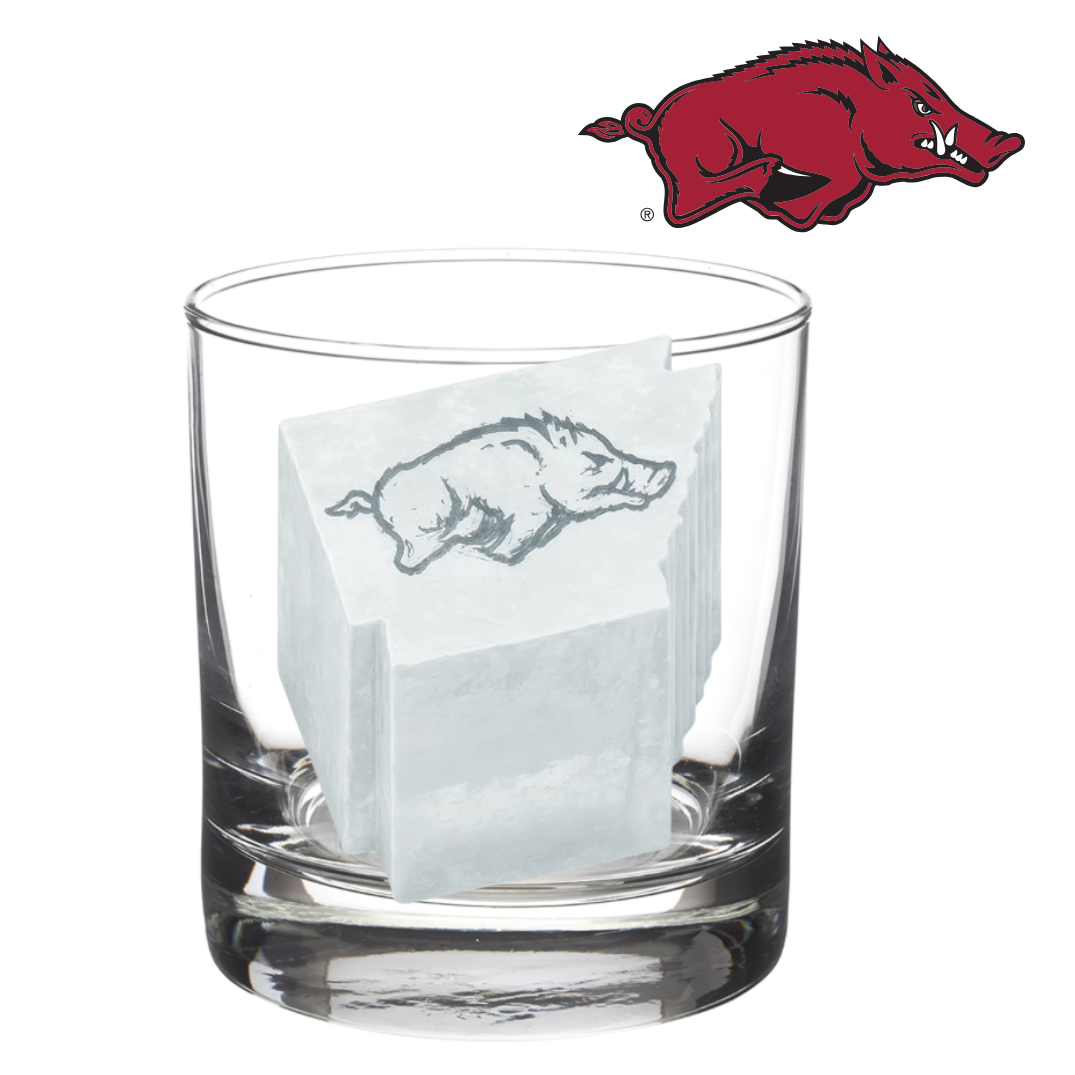 Clear glass with ice cubes featuring a logo, next to a larger version of the logo above.