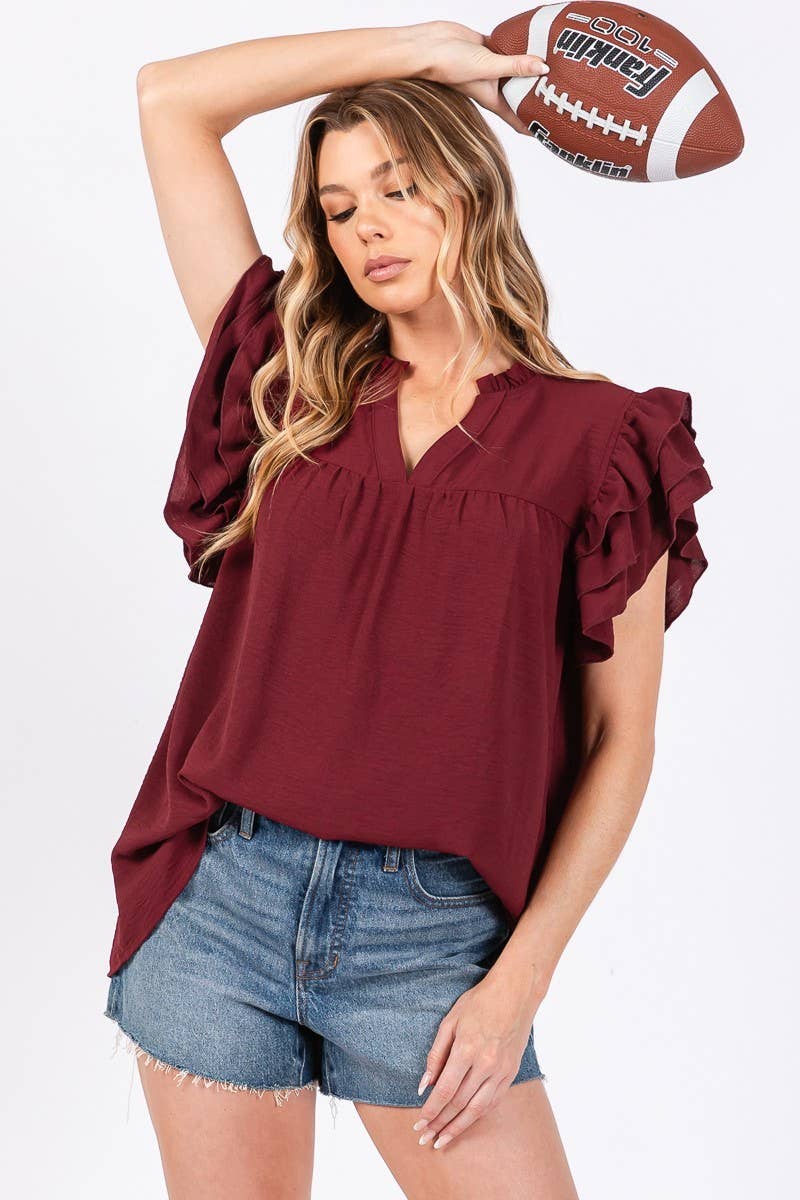 Maroon Airflow Ruffle Sleeve Top