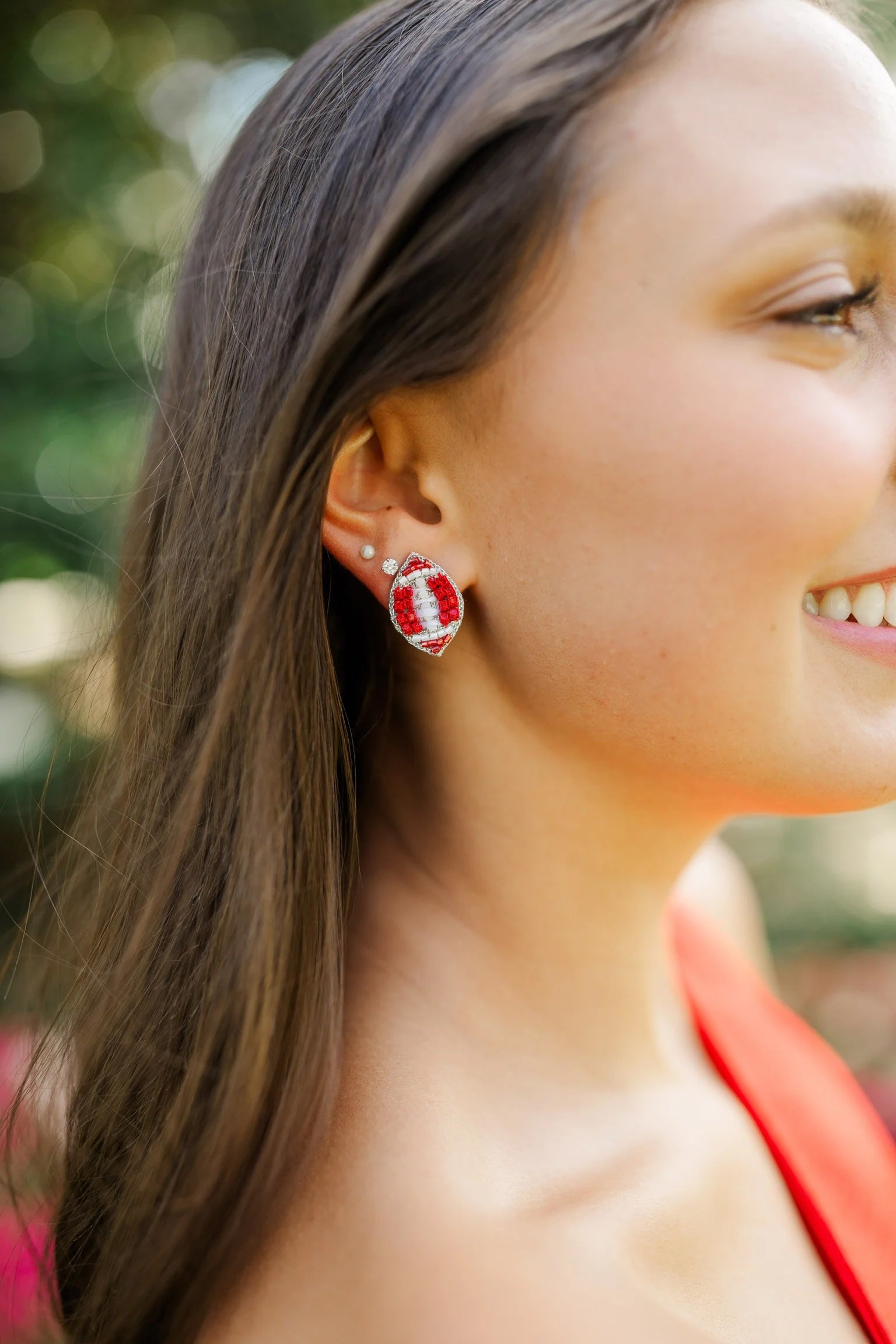 Red and White Beaded Football Stud Earring