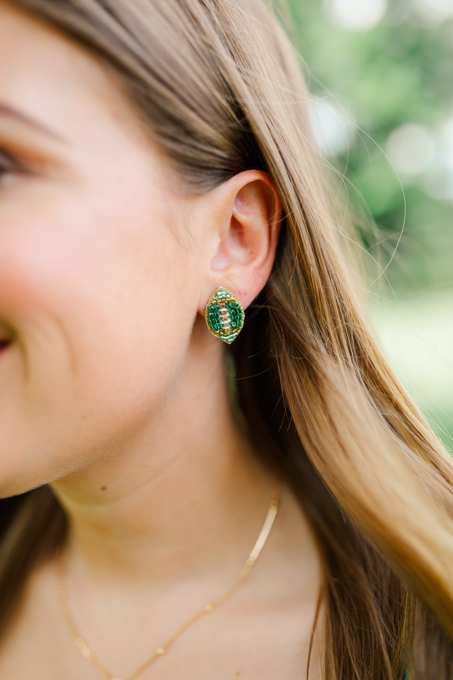 Green and Gold Beaded Football Stud Earring