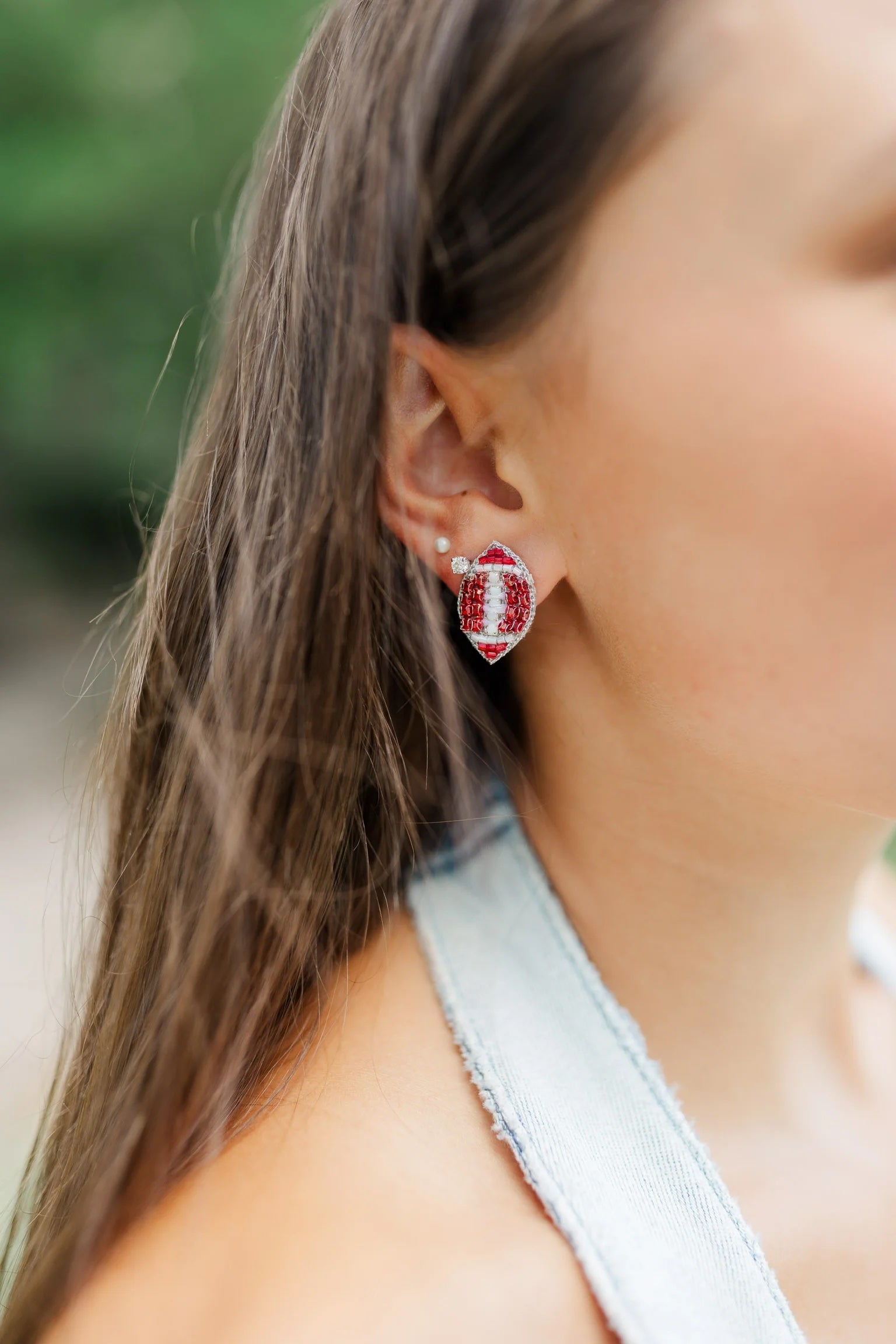 Maroon and White Beaded Football Stud Earring