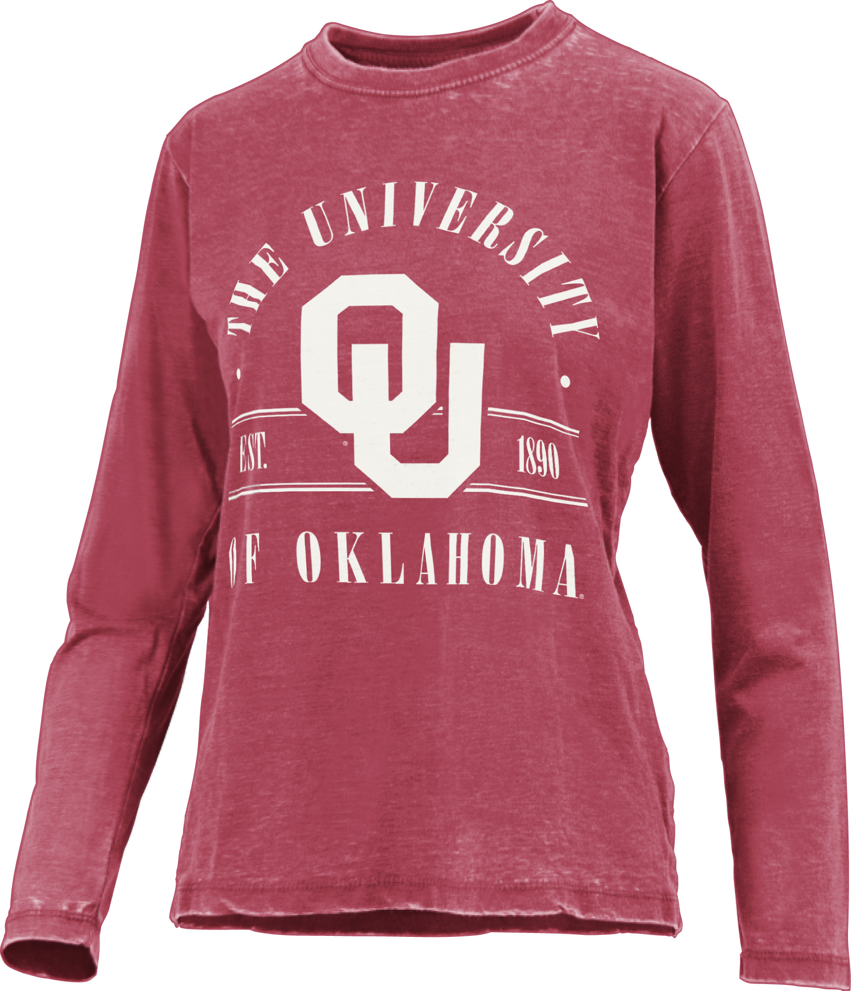 Red long-sleeve shirt with 'The University of Oklahoma' logo on a white background