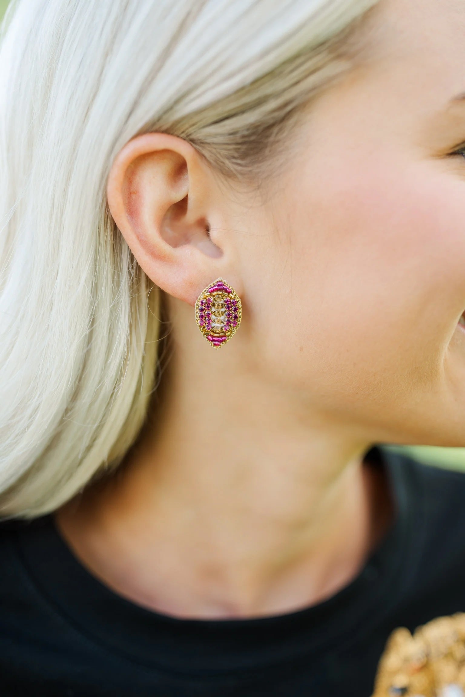 Purple and Gold Beaded Football Stud Earring