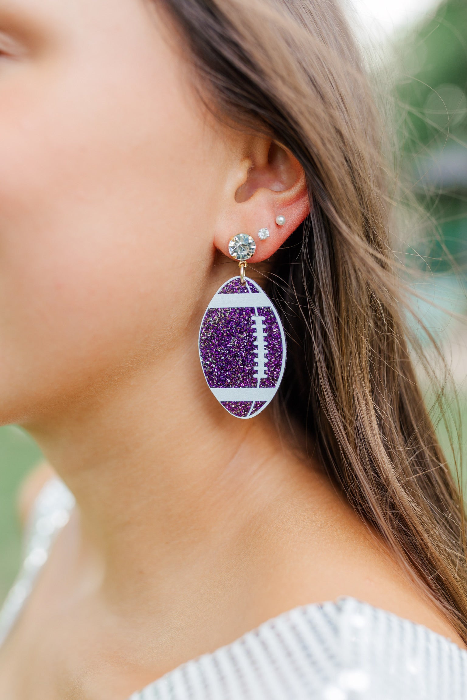 Purple Glitter Football Earrings