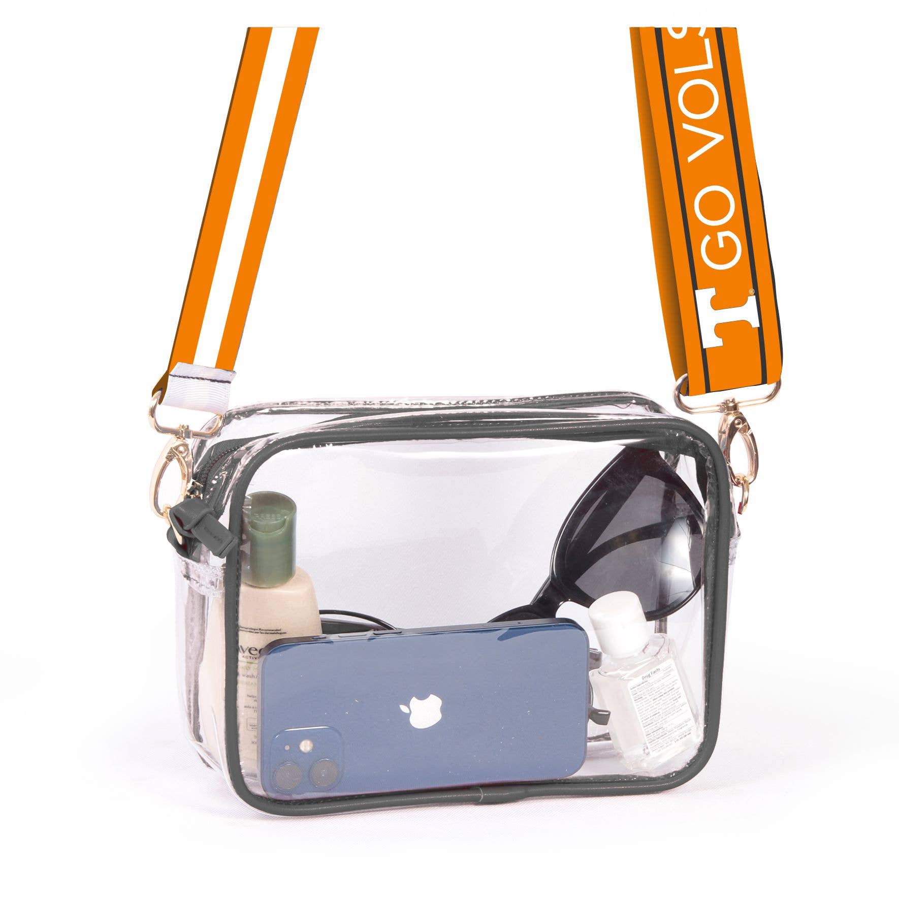 A clear plastic handbag with black trim and vegan leather accents, featuring brass hardware and an orange shoulder strap with 'GO VOLS' text.