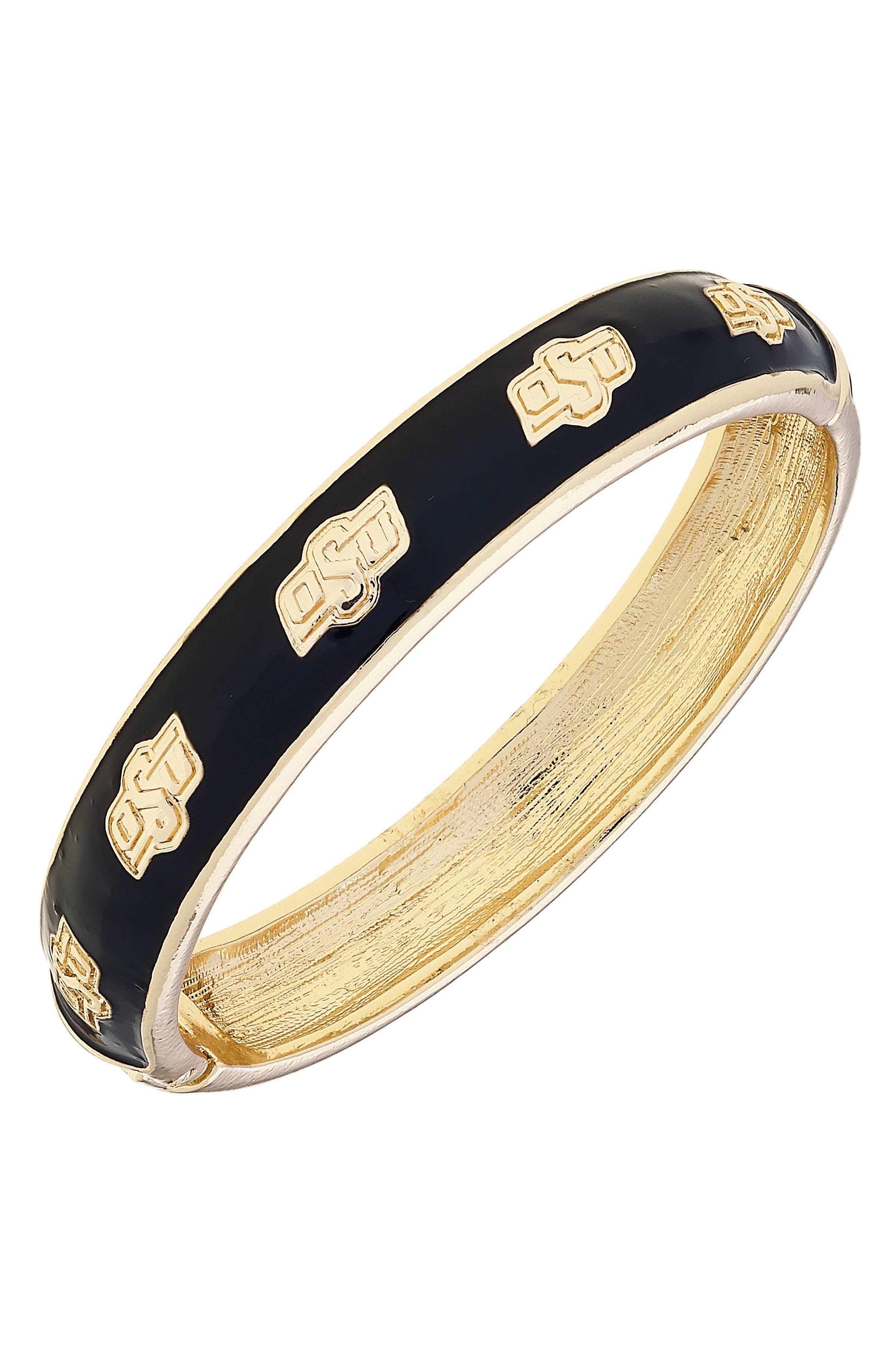 Black bangle with gold accents on a white background