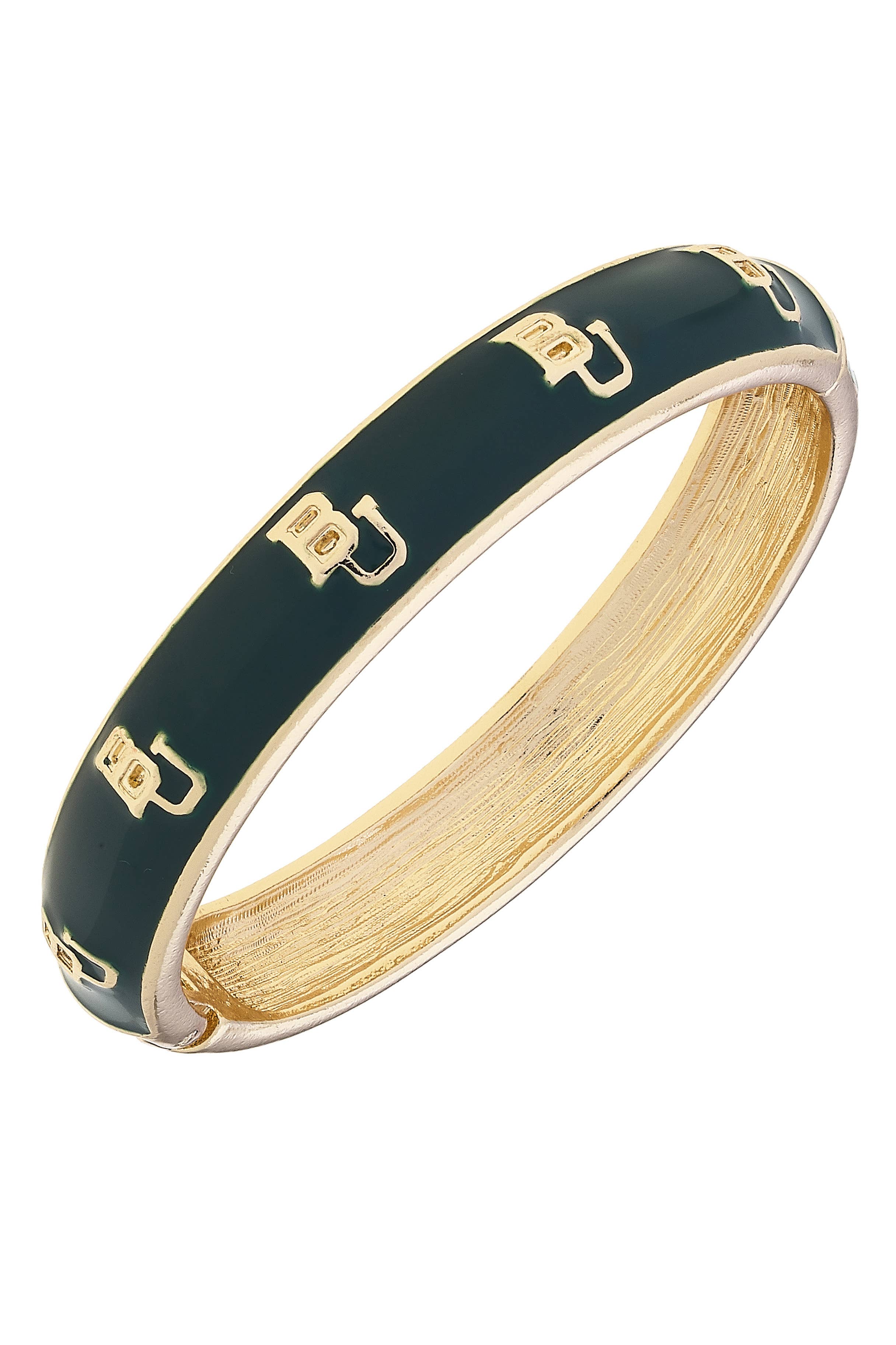 Gold and green bracelet with a logo on a white background