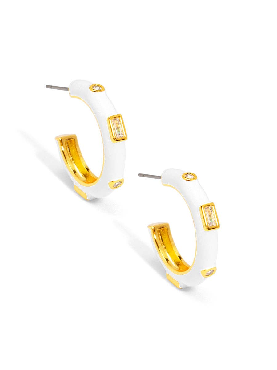 Small Enamel Crystal White Hoop Earring