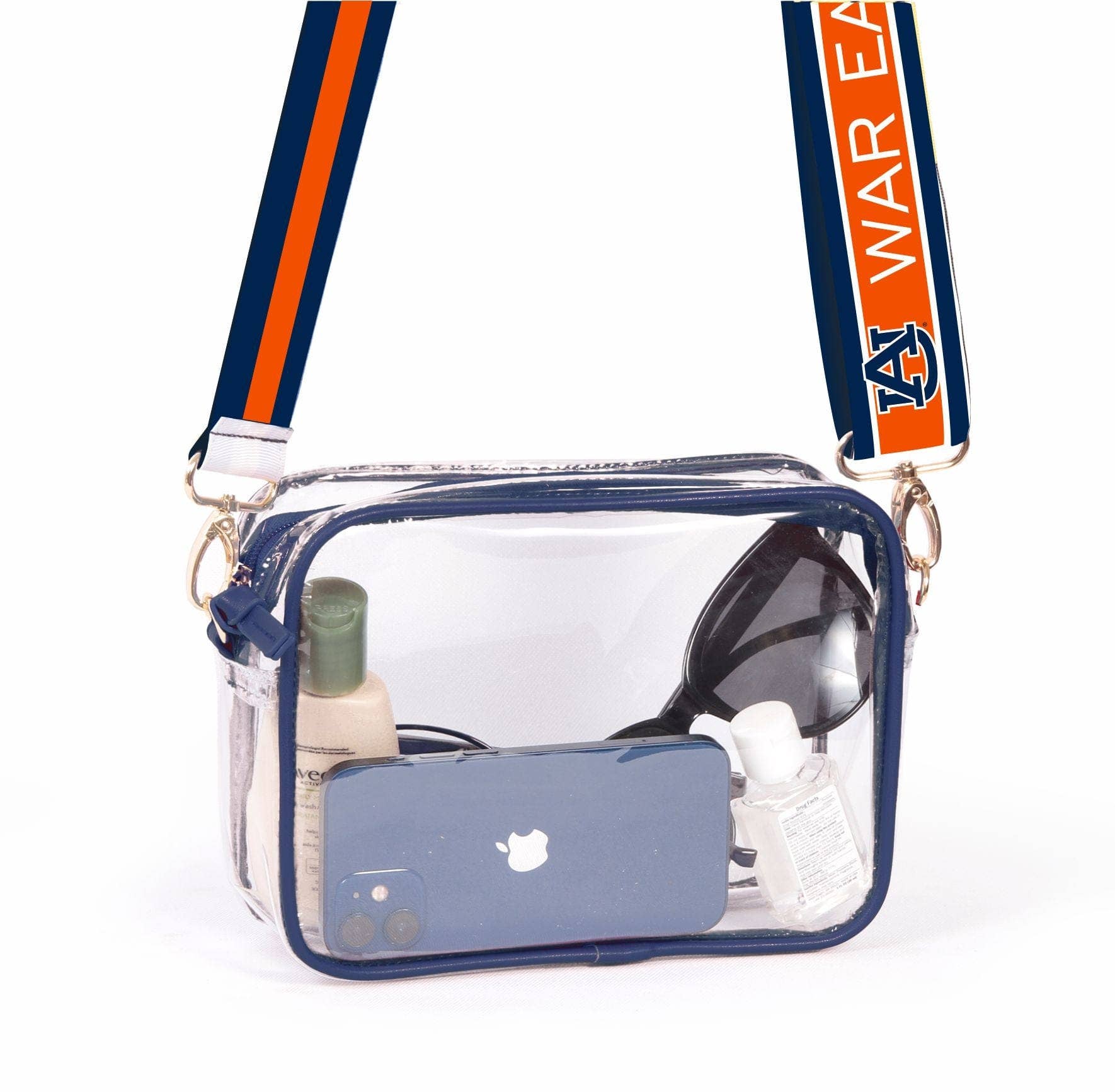A clear plastic handbag with navy vegan leather accents, brass hardware, and adjustable shoulder straps with an 'AU' and 'WAR EAGLE' logo.