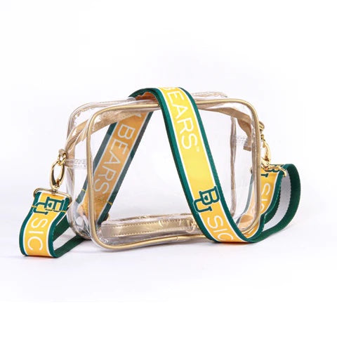 A clear vinyl purse with green and yellow straps, featuring brass hardware and the text 'BEARS' on the straps, indicating a sports team affiliation.