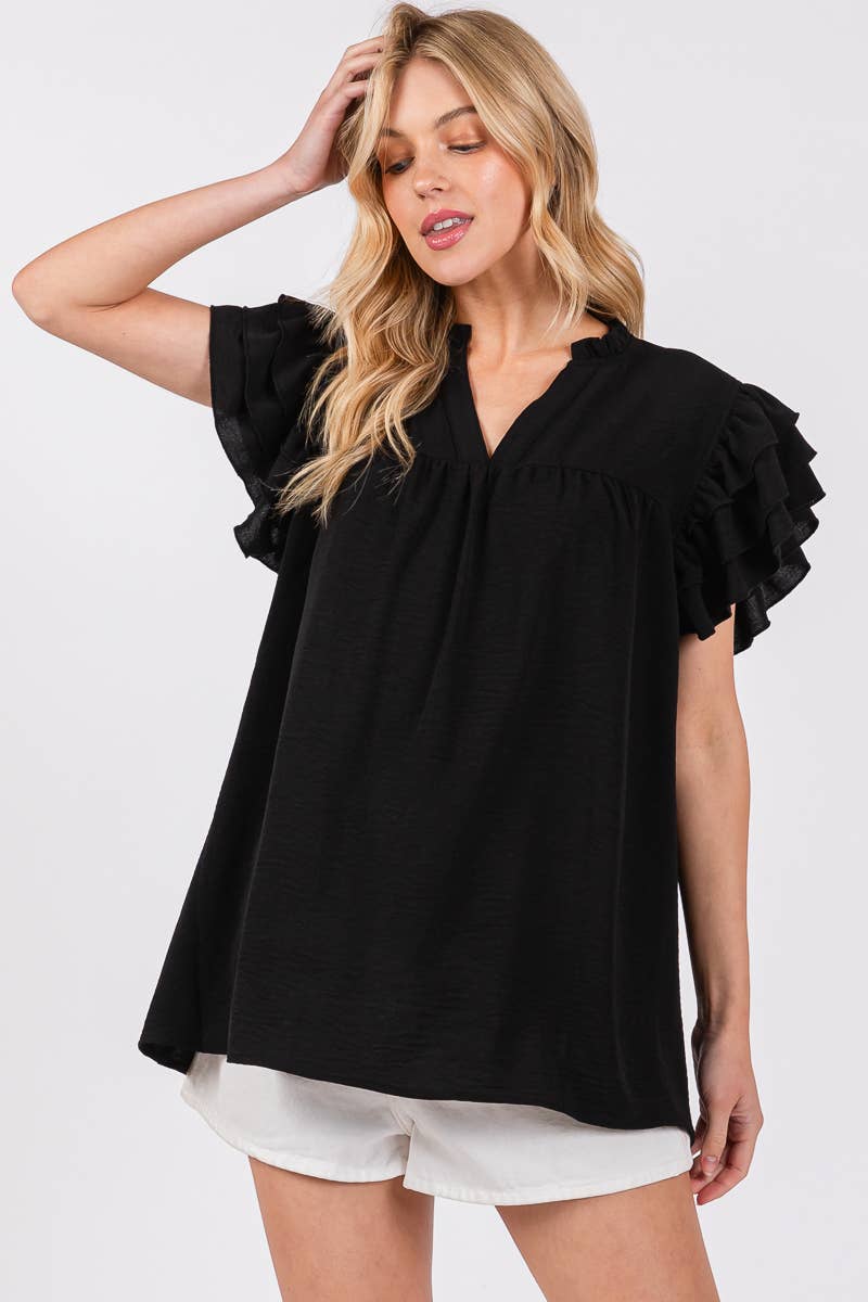 AIRFLOW RUFFLE SLEEVE BLOUSE: BLACK / M