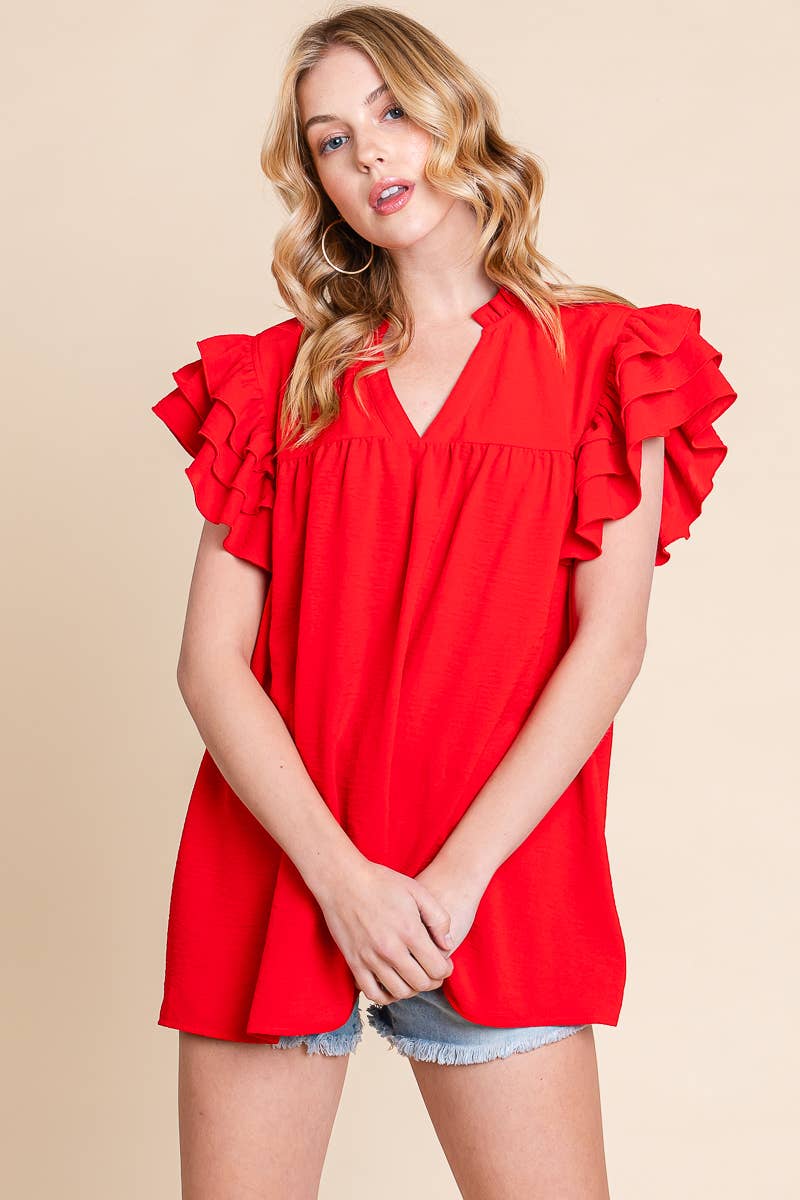 Red Airflow Ruffle Sleeve Top