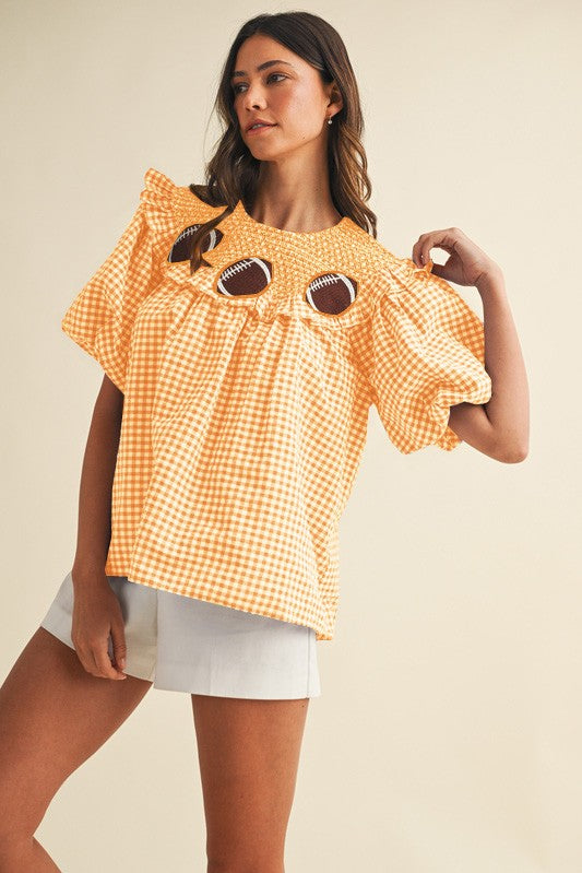Orange Game Day Football Embroidery Smocking Blouse