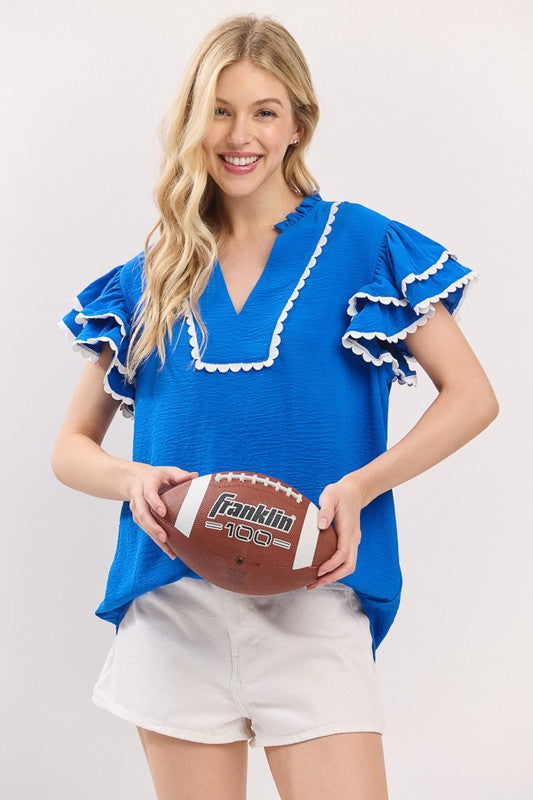 Royal & White Ruffle Sleeve Trim Top