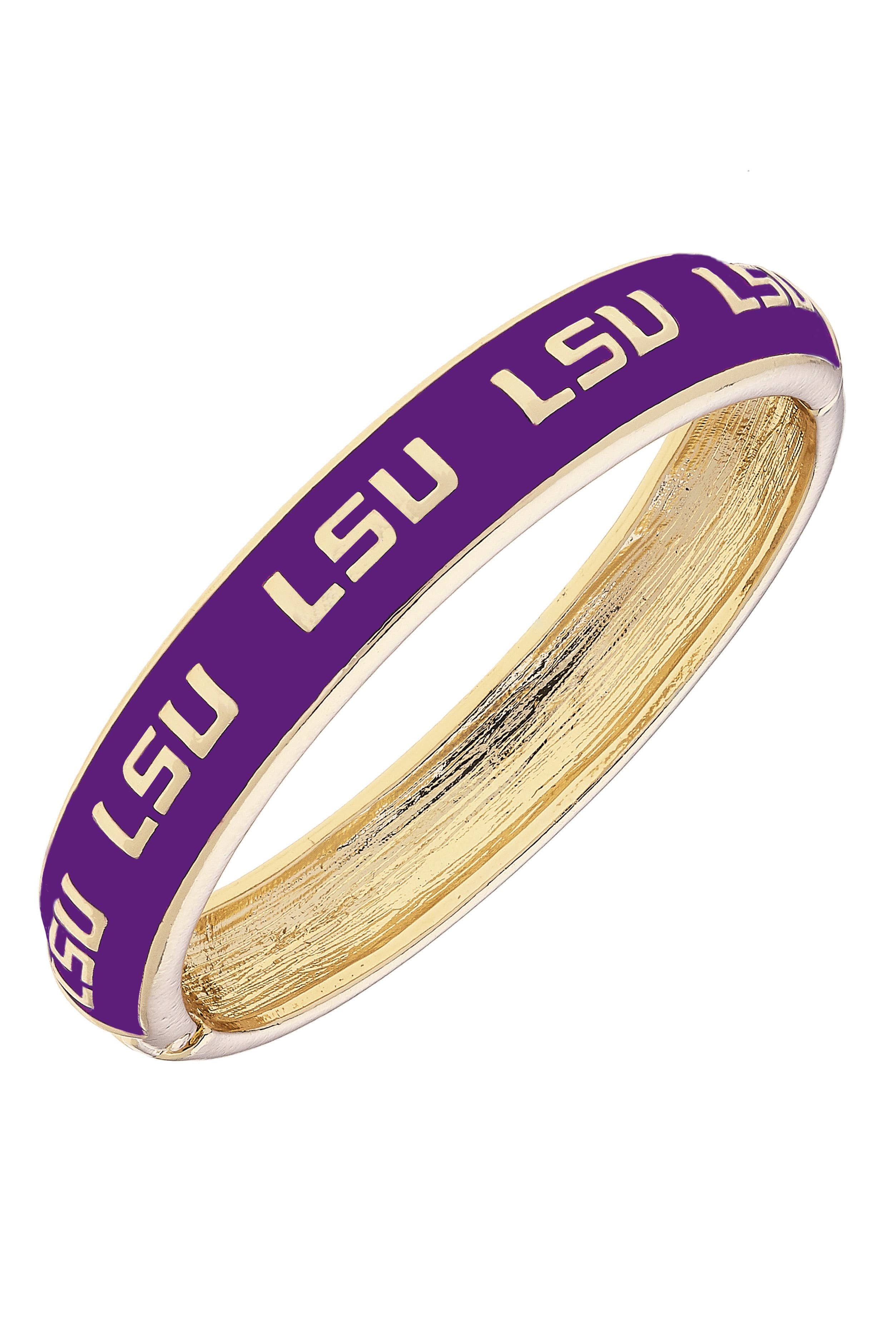 Purple and gold bracelet with 'LSU' text on a white background