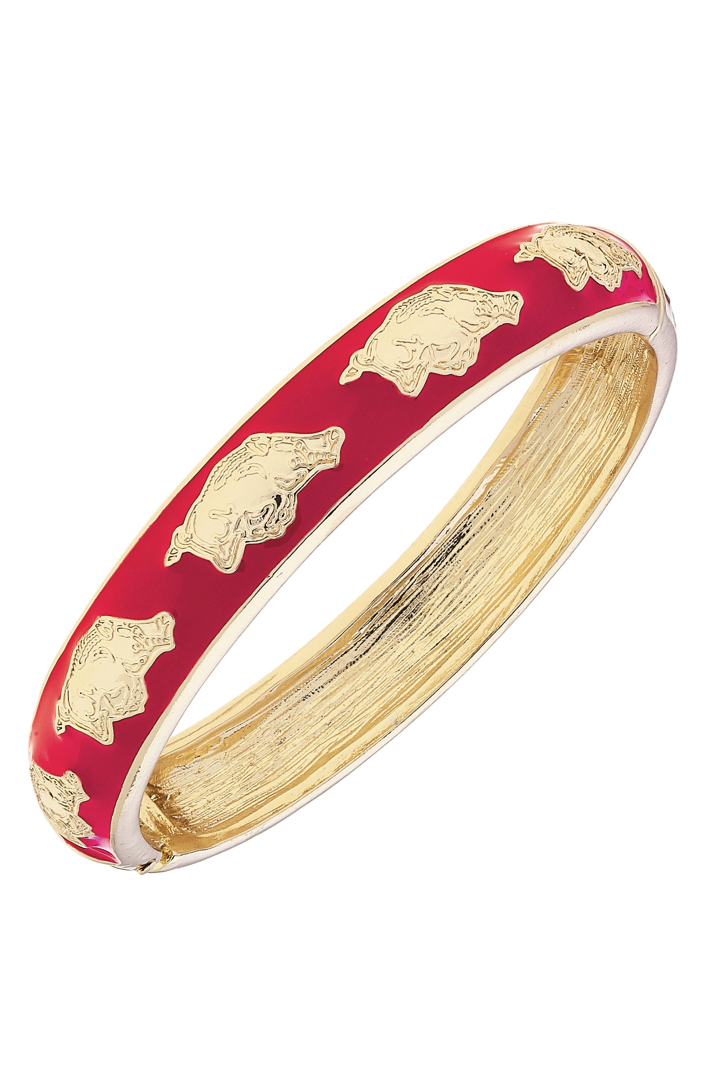 Red bangle with gold accents and animal figures on a white background