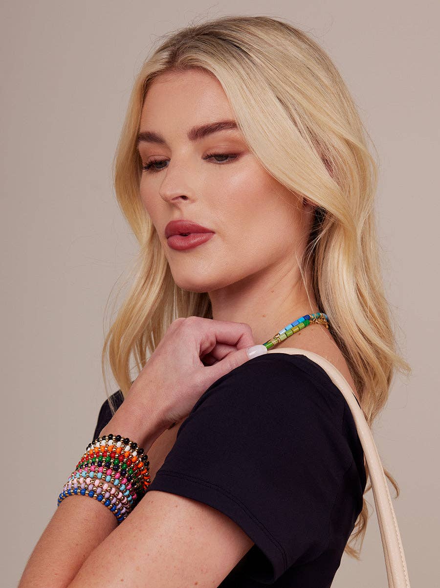 Enamel White Beaded Stretch Bracelet