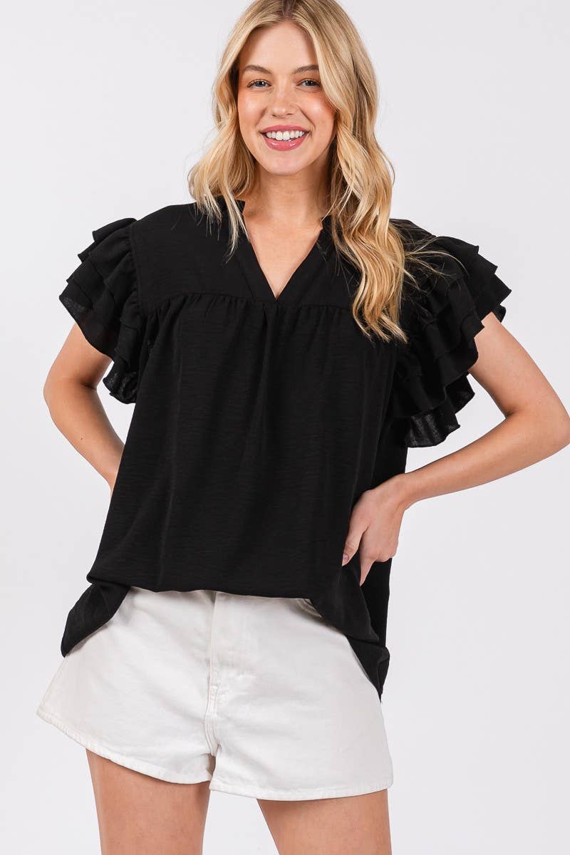 AIRFLOW RUFFLE SLEEVE BLOUSE: BLACK / M