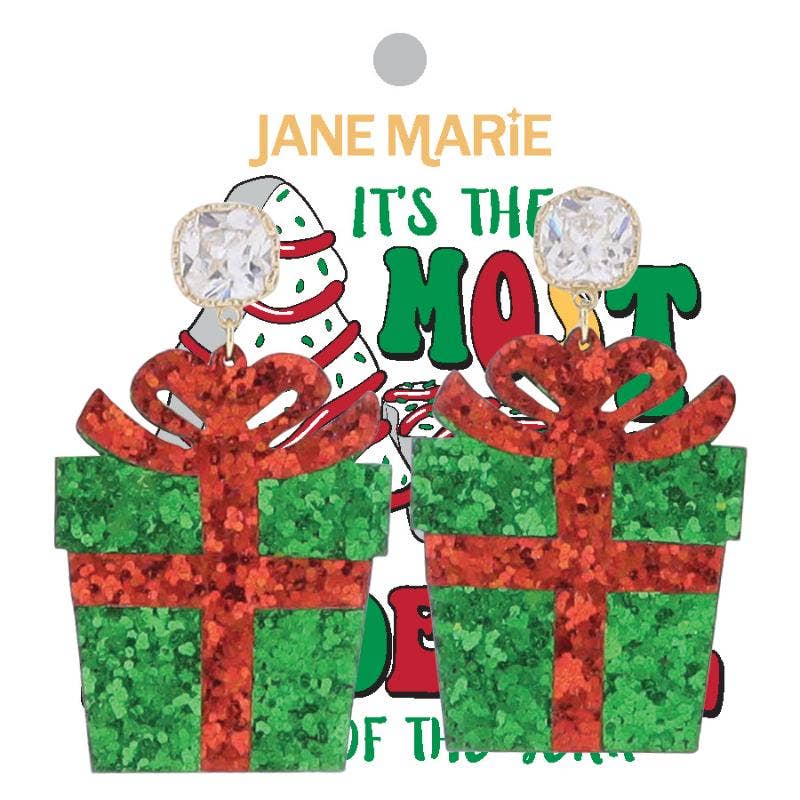 Red, Green Glitter Present with Square Crystal Post Earring