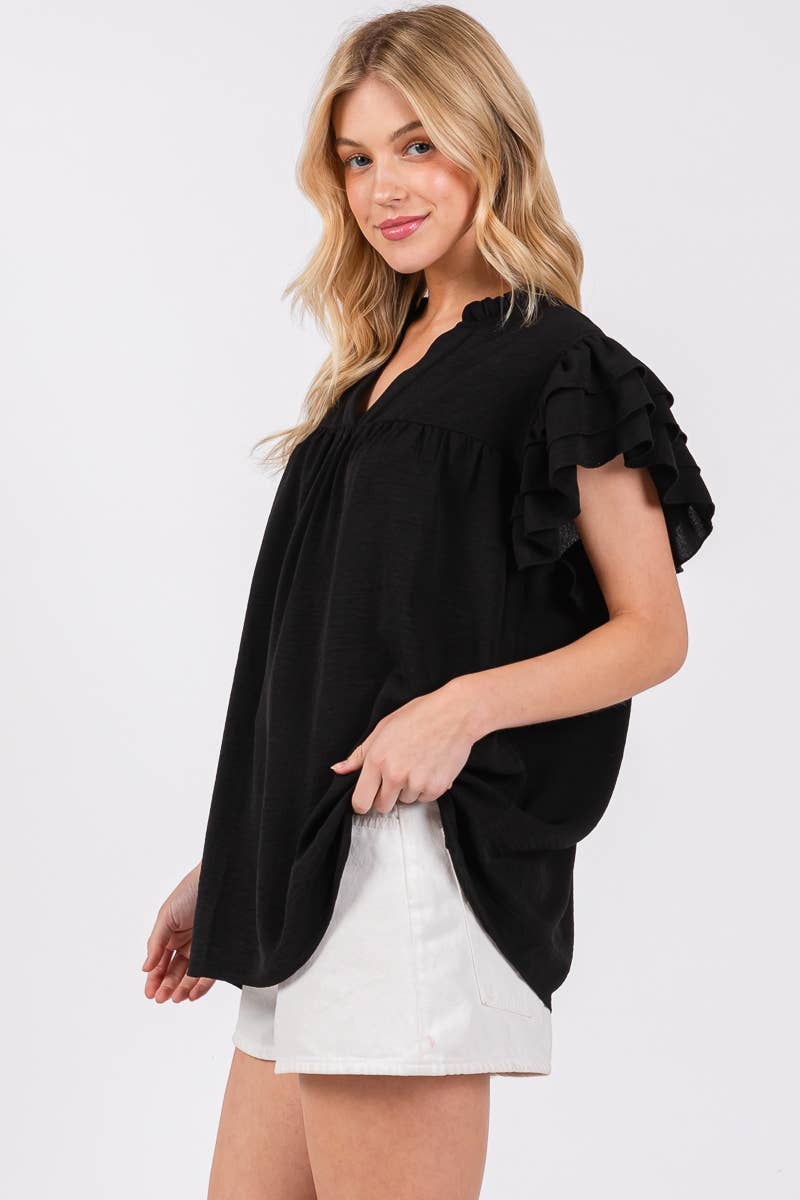 AIRFLOW RUFFLE SLEEVE BLOUSE: BLACK / M