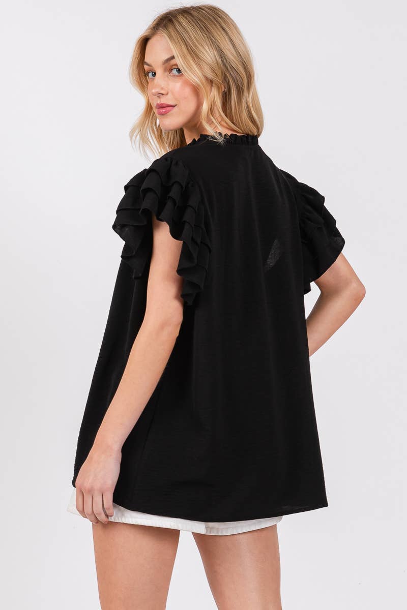 AIRFLOW RUFFLE SLEEVE BLOUSE: BLACK / L