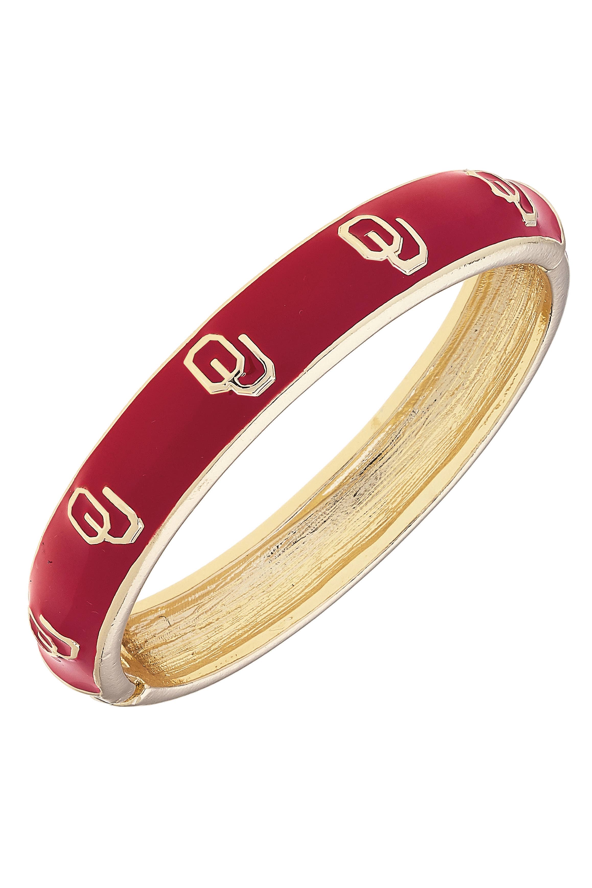 Red and gold bracelet with 'OU' logo on a white background
