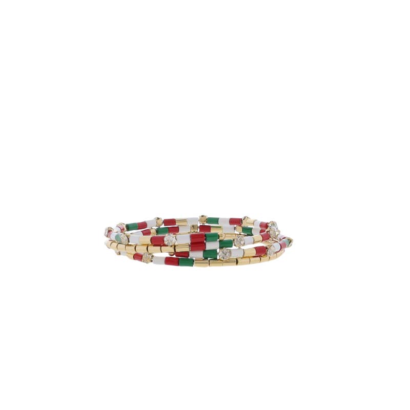 Green, Red, White, Gold Beaded Bracelet with Crystal Accents
