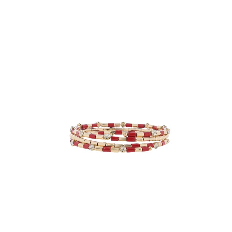 Red, Gold Beaded Bracelet with Clear Crystal Accents-FINAL SALE
