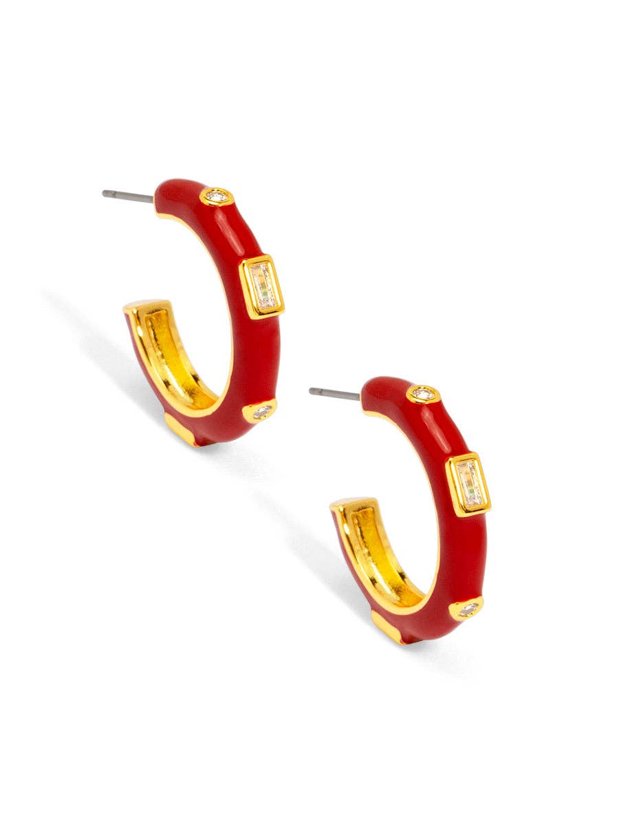 Small Enamel Crystal Red  Hoop Earring