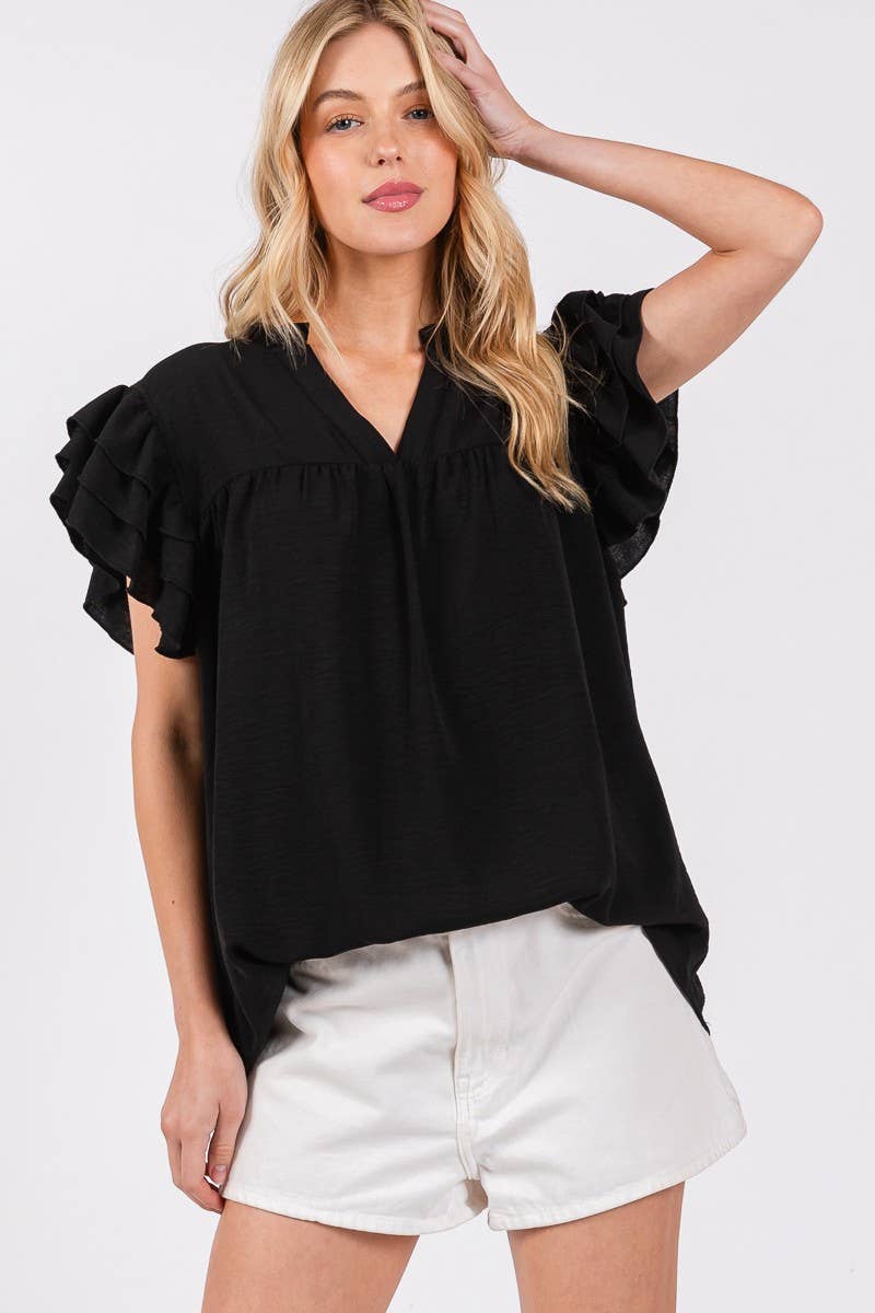 AIRFLOW RUFFLE SLEEVE BLOUSE: BLACK / L